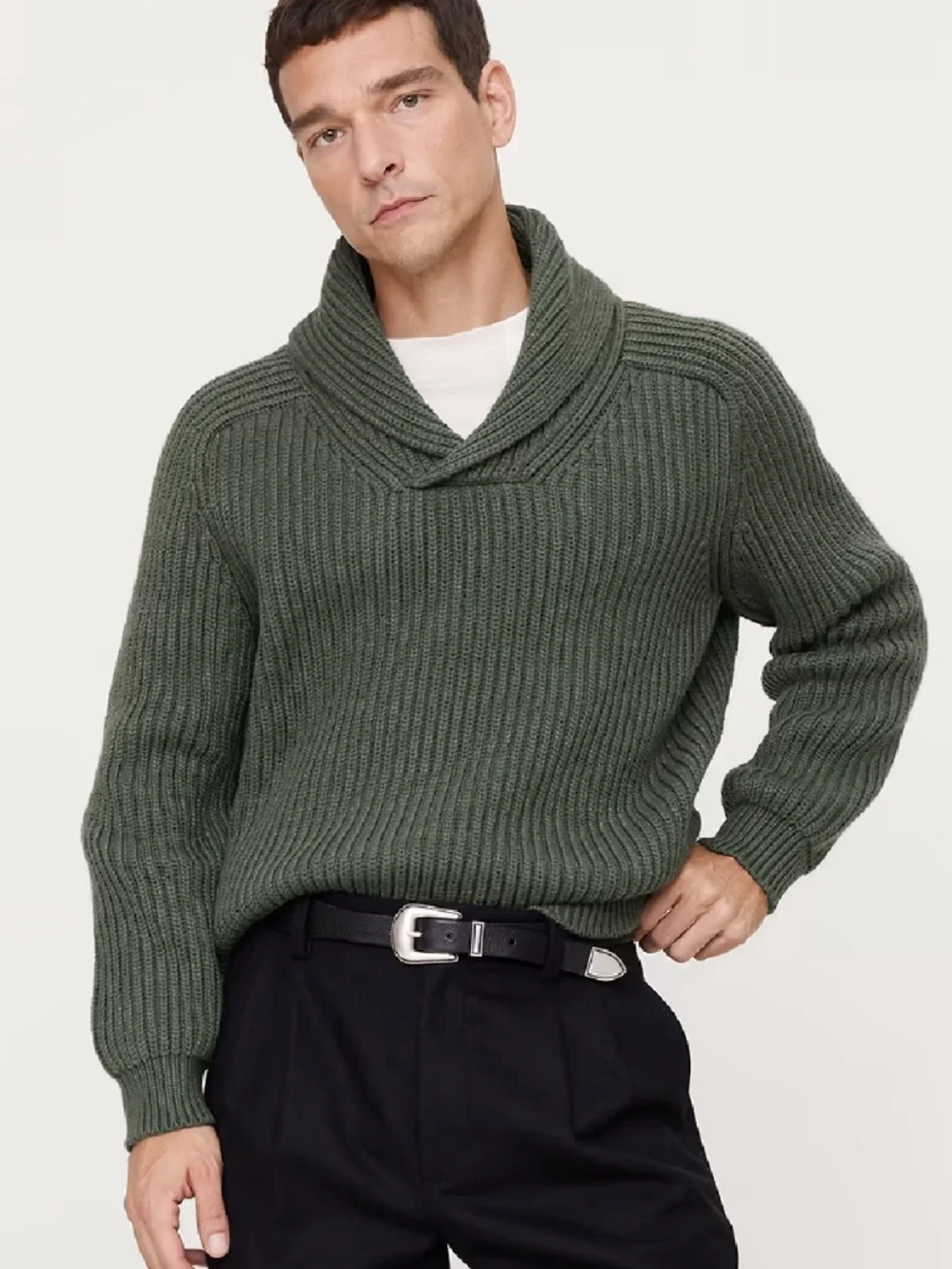Banana Republic Ribbed Shawl Collar Sweater Men’s Green Cotton Blend Cozy Knit